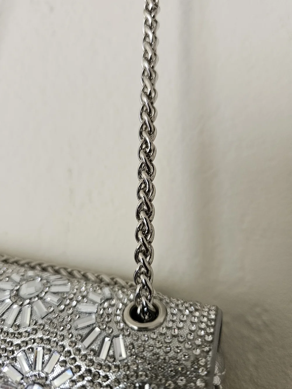 Rhinestone Embellished Silver Evening Clutch with Chain